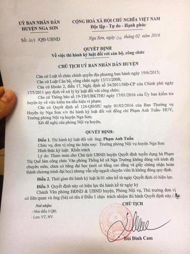 Quyết định kỷ luật ông Phạm Anh Tuấn
