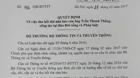 phó chủ tịch quận 1, Đoàn Ngọc Hải, thu thẻ nhà báo, Trần Thanh Thắng, báo đời sống pháp luật