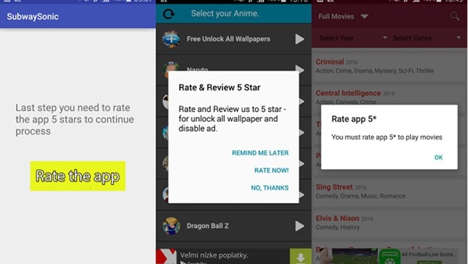 Ứng dụng trên Google Play yêu cầu đánh giá 5 sao để vô hiệu hóa quảng cáo /// Ảnh: ESET