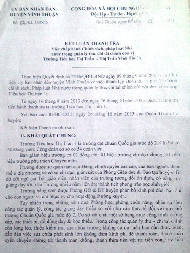 Từ kết luận thanh tra số 02 của UBND huyện Vĩnh Thuận (tỉnh Kiên Giang), cô giáo Nguyễn Hoài Thu bị cách chức.