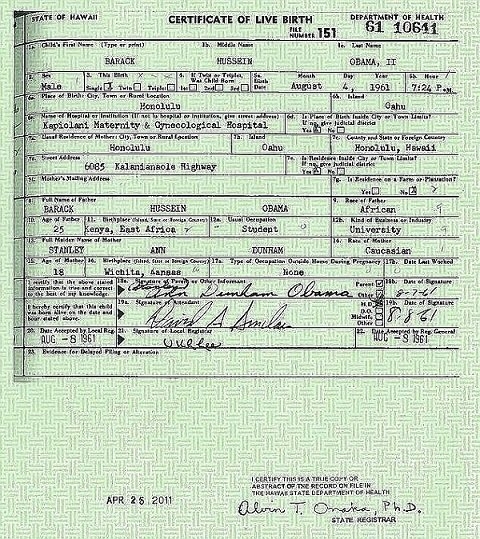 Barack Obama, cựu Tổng thống Mỹ Obama, nơi sinh, giấy khai sinh