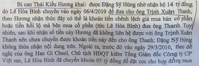  Lời khai về việc chia “lộc” cho Trịnh Xuân Thanh (ảnh chụp từ tư liệu vụ án) 