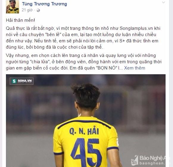 Anh Trương Thanh Tùng, Hội CĐV SLNA phía Nam lên tiếng sau phản ứng của Ngọc Hải trên trang cá nhân. Ảnh chụp màn hình.