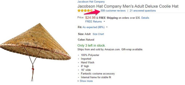  Một sản phẩm tương tự nón lá của công ty Jacobson nhận được tới 508 lượt đánh giá dù giá thành cao gấp vài lần thành phẩm của Việt Nam. 
