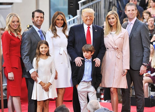 Tiffany Trump, Donald Trump Jr, Kai Trump, Melania Trump, 2016 Republican presidential candidate Donald Trump, Tristan Trump, Ivanka Trump, and Eric Trump pose onstage during NBCs Today Trump Town Hall at Rockefeller Plaza on April 21, 2016 in New York City. D Dipasupil/FilmMagic