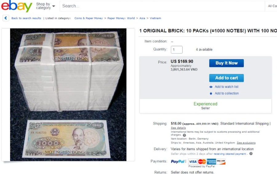 tiền cổ, sưu tầm tiền cổ, tiền giấy Việt Nam, ebay, Amazon, cao sao vàng, hàng Việt rao bán trên Amazzon, thương mại điện tử