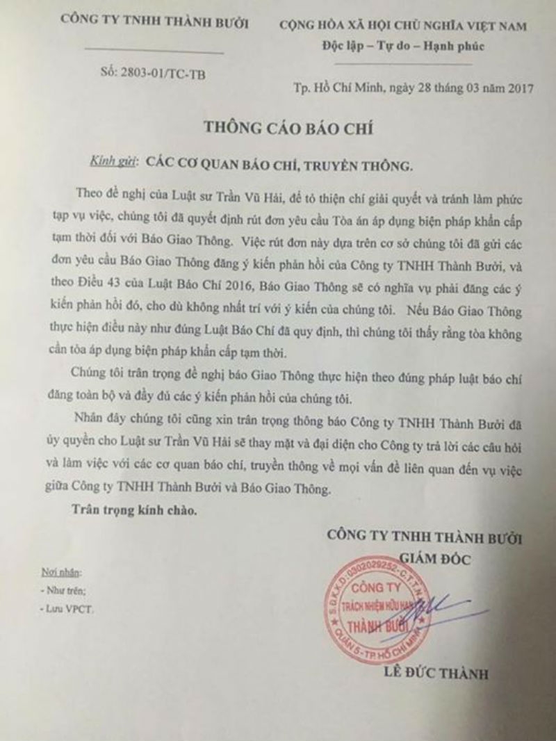 áp dụng biện pháp khẩn cấp tạm thời với báo GTVT, công ty Thành Bưởi khởi kiện báo GTVT, điều tra công ty Thành Bưởi