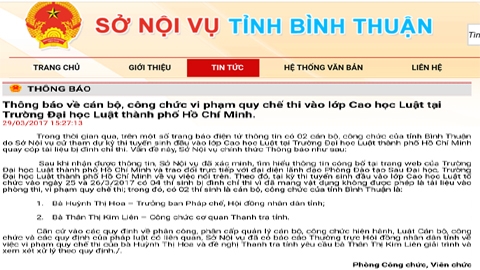 Sở Nội vụ, trưởng ban pháp chế, gian lận thi cử, Bình Thuận