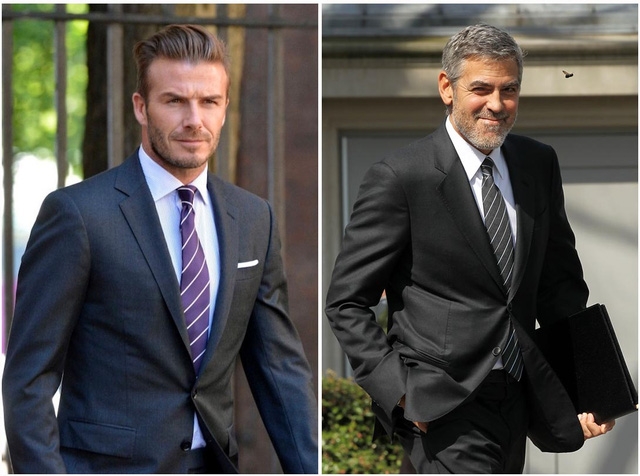 Cựu cầu thủ David Beckham và tài tử George Clooney không cài cúc cuối áo vest.