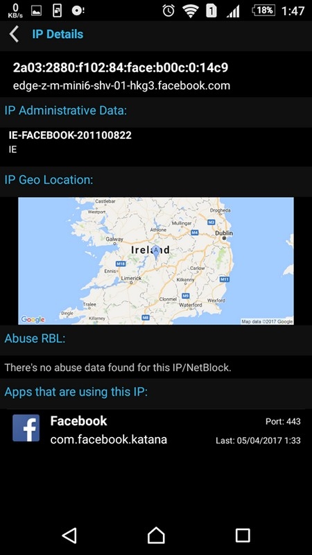 Thông tin về ứng dụng Facebook cho thấy ứng dụng đang kết nối đến máy chủ của Facebook đặt tại Ireland và không có dữ liệu nào bị gửi ra bên ngoài