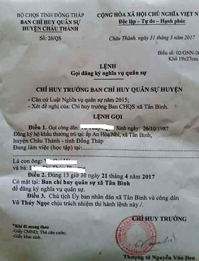  Văn bản được cho là Lệnh gọi đăng ký nghĩa vụ của BCH quân sự huyện Châu Thành gọi chi Ng. đăng ký nghĩa vụ quân sự, được lan truyền trên mạng xã hội. 