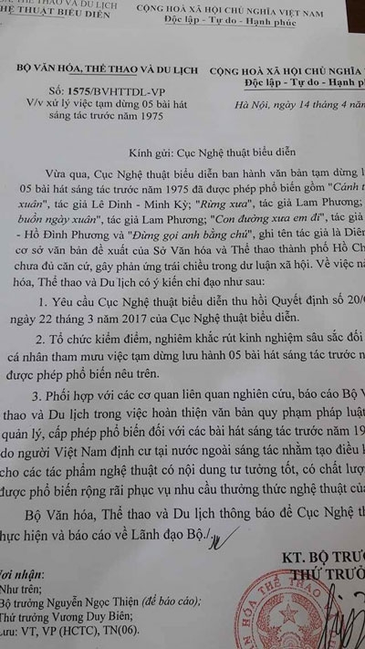 Bộ VH, TT&DL gửi Cục Nghệ thuật Biểu diễn yêu cầu thu hồi quyết định tạm dừng lưu hành 5 bài hát sáng tác trước 1975.