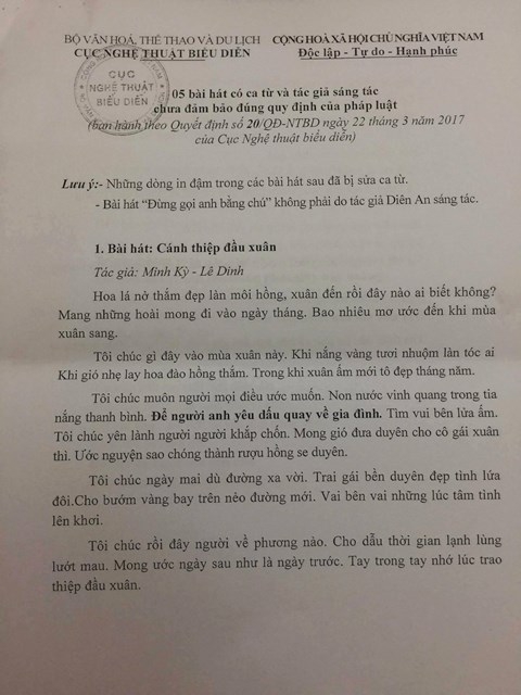 cuc ntbd xin nhan trach nhiem viec tam dung 5 ca khuc truoc 1975 hinh anh 1