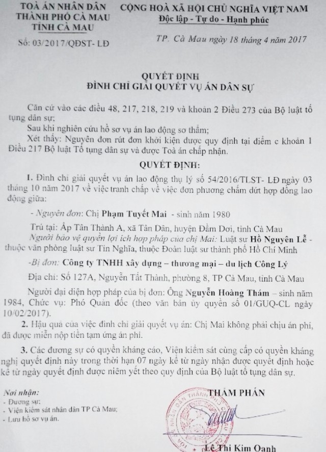 Sau khi chị Mai xin rút đơn khởi kiện, TAND TP Cà Mau đã ra quyết định đình chỉ vụ án.