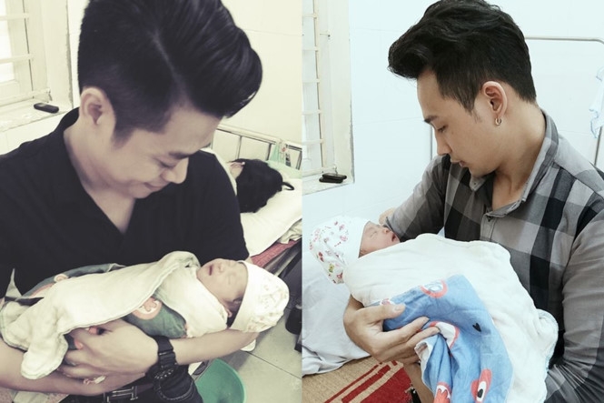 Anh Nam và anh Hiền quay lại bệnh viện thăm mẹ con sản phụ vào chiều 28.4 /// Ảnh: NVCC