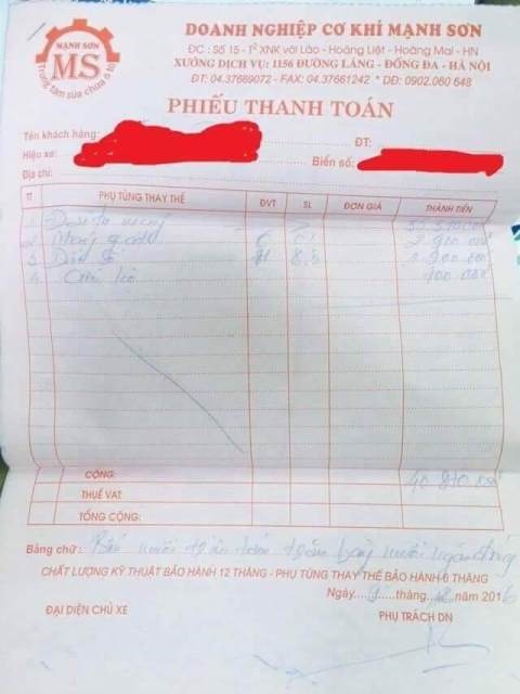  Hóa đơn anh L.A.D. nhận được từ gara Mạnh Sơn. 