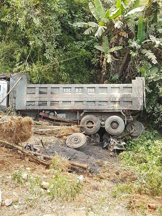 Chiếc xe tải sau khi đâm vào đàn trâu đã lao xuống vực. (Ảnh bạn đọc cung cấp).