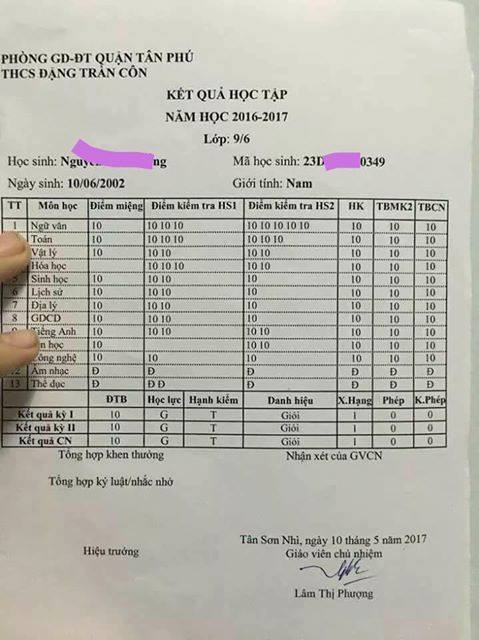 Bàng điểm toàn 10 của học sinh lớp 9 lan truyền trên mạng xã hội đã được học sinh thay đổi điểm số