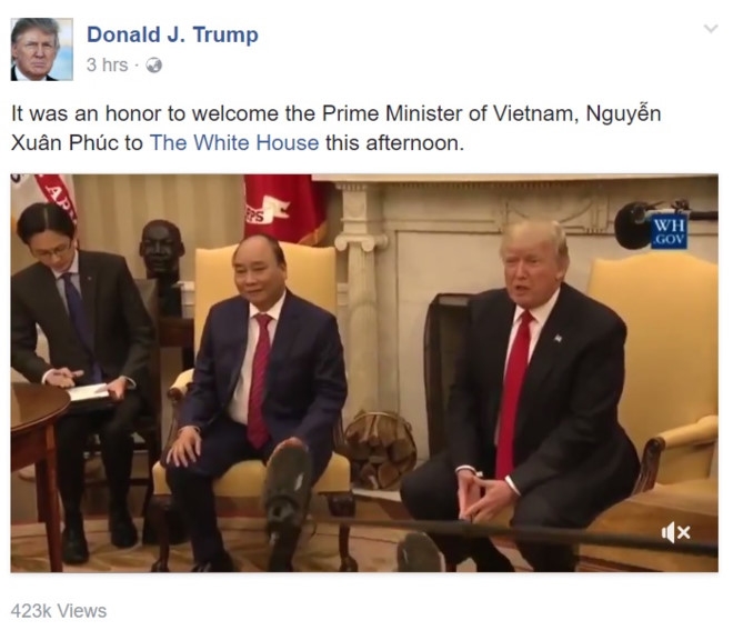 Facebook TT Donald Trump: Han hanh don tiep Thu tuong Nguyen Xuan Phuc hinh anh 1