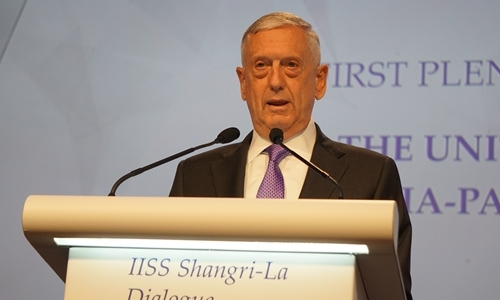 Bộ trưởng Quốc phòng Mỹ James Mattis phát biểu tại Đối thoại Shangri-La ngày 3/6. Ảnh: Trọng Giáp.