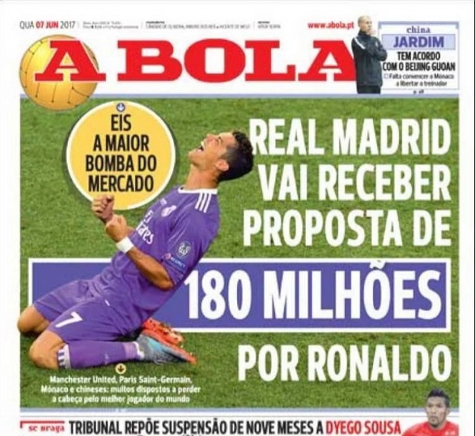 Tờ nhật báo A Bola của Bồ Đào Nha đăng tin Cristiano Ronaldo được hỏi mua với giá kỷ lục /// Chụp màn hình