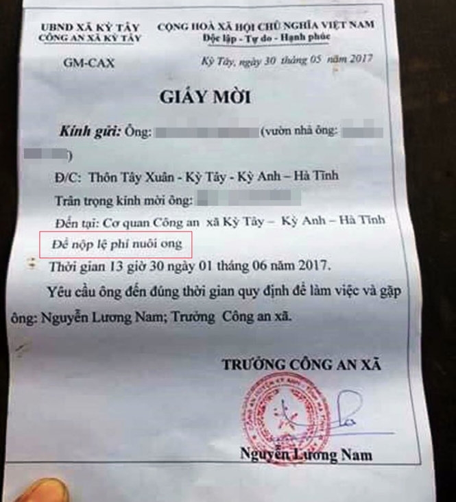 Công an xã mời... chủ trại nuôi ong đóng phí nuôi ong 