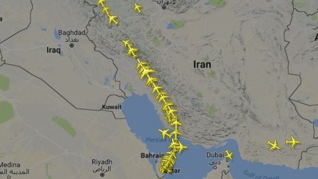  Hình ảnh của trang FlightRadar24 ngày 6/6 cho thấy các máy bay dân dụng của Qatar chỉ còn một tuyến hẹp để ra vào lãnh thổ sau khi bị Ả-rập Xê-út đóng không phận (Ảnh: FlightRadar24/BBC) 