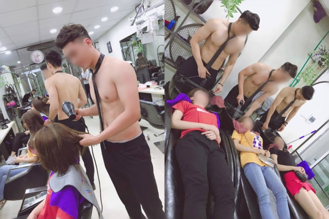 Ảnh nam cởi trần khoe cơ bắp cắt tóc, gội đầu cho các chị em