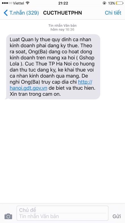 Tin nhắn của Cục Thuế Hà Nội yêu cầu người bán hàng trên facebook nộp thuế