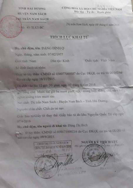 Trích lục khai tử xác nhận nguyên nhân tử vong của anh Đặng Đình Q. do tai nạn. Ảnh: PV