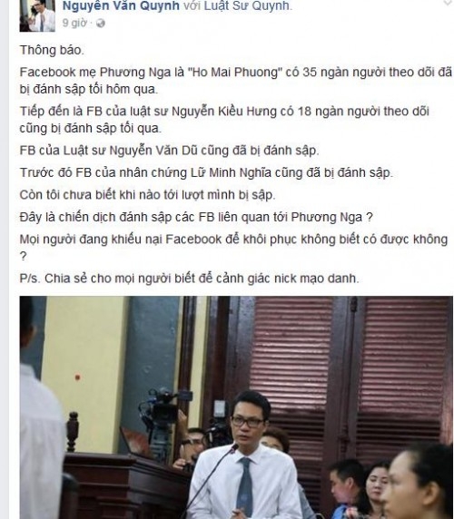  Thông báo từ Facebook của Luật sư Nguyễn Văn Quynh 