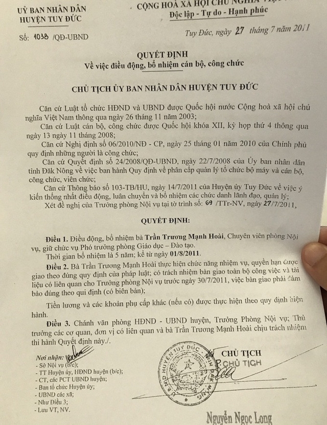  Quyết định bổ nhiệm bà Hoài lên làm lãnh đạo sau 5 tháng làm chuyên viên phòng Nội vụ 