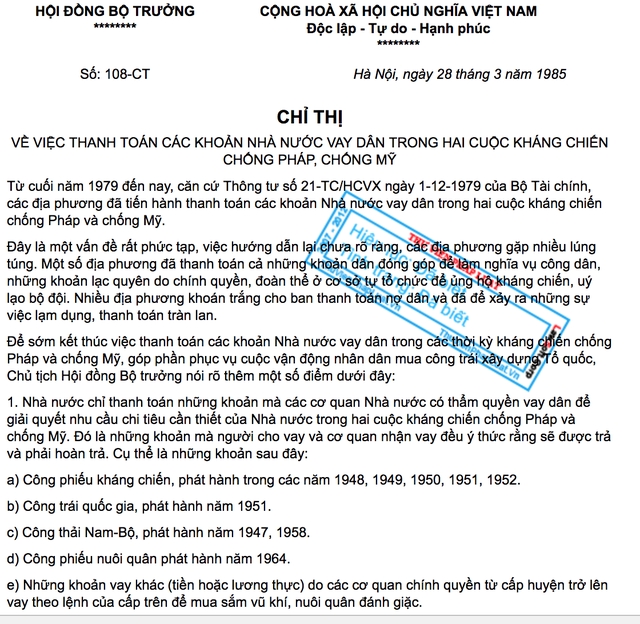  Chỉ thị thanh toán các khoản tiền vay dân trong 2 cuộc kháng chiến chống Pháp, chống Mỹ do Chủ tịch Hội đồng Bộ trưởng Tố Hữu ký ngày 28/3/1985 