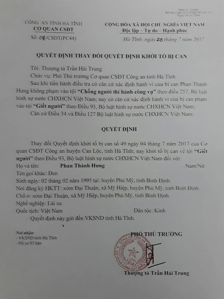 CSGT bị hất văng, CSGT Hà Tĩnh, giết người