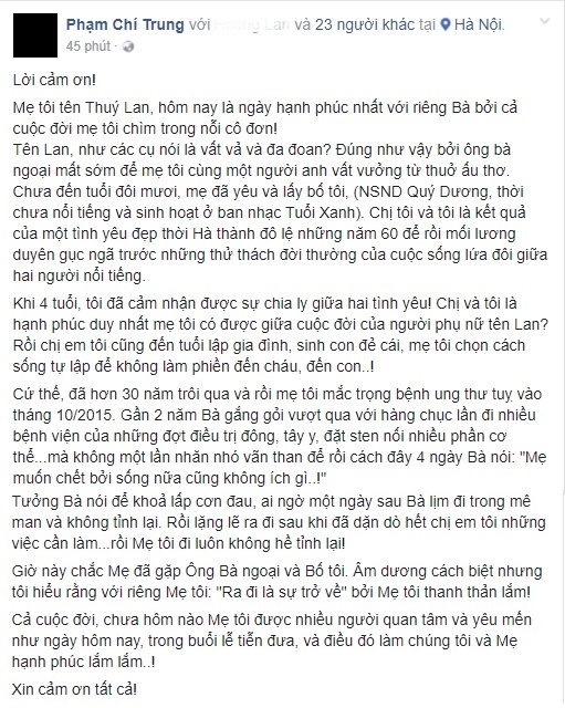 nghen ngao voi loi cam on sau dam tang me cua nghe si chi trung hinh anh 2
