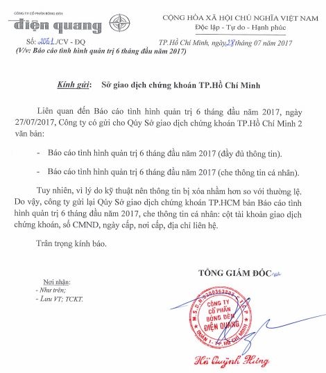 Giải trình của Bóng đèn Điện Quang trước việc thông tin sở hữu của cổ đông nội bộ và người có liên quan tại báo cáo quản trị công ty bị che.