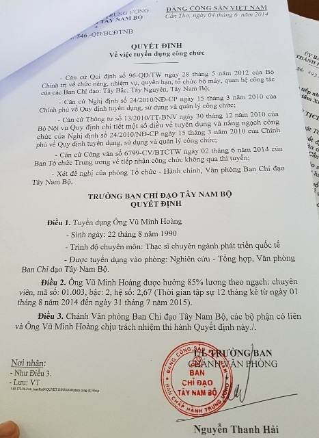  Từ quyết định tuyển dụng, bổ nhiệm ông Vũ Minh Hoàng làm Phó Vụ trưởng một cách thần tốc đã lộ ra nhiều sai phạm tại Ban chỉ đạo TNB giai đoạn 2011-2016 