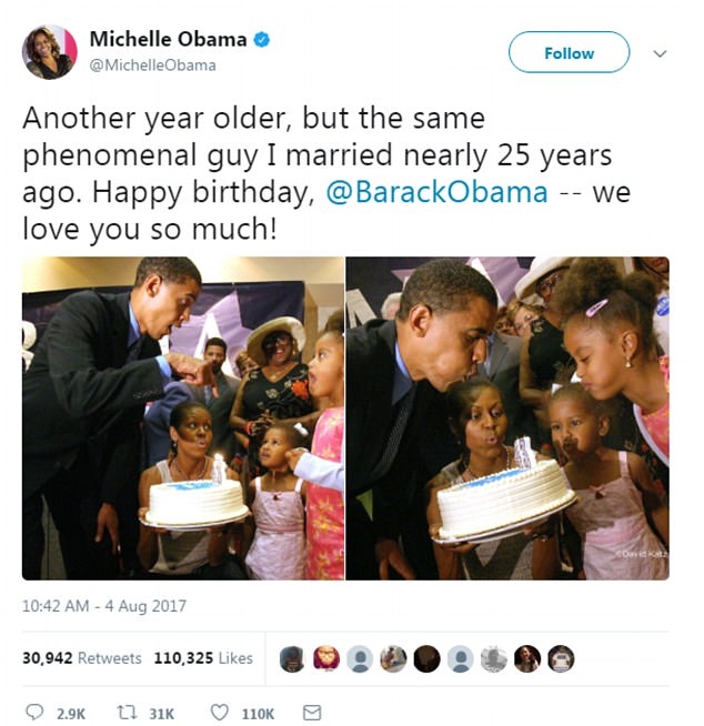  Cựu Đệ nhất phu nhân Mỹ Michelle Obama chúc mừng sinh nhật chồng trên mạng xã hội Twitter (Ảnh: Dailymail) 