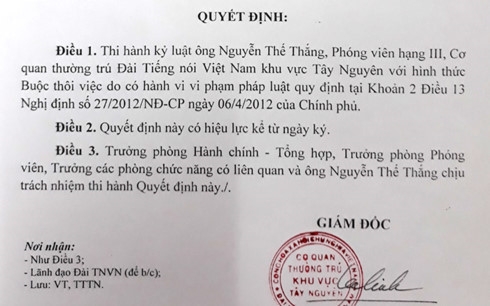 Quyết định kỷ luật của Cơ quan thường trú khu vực Tây nguyên
