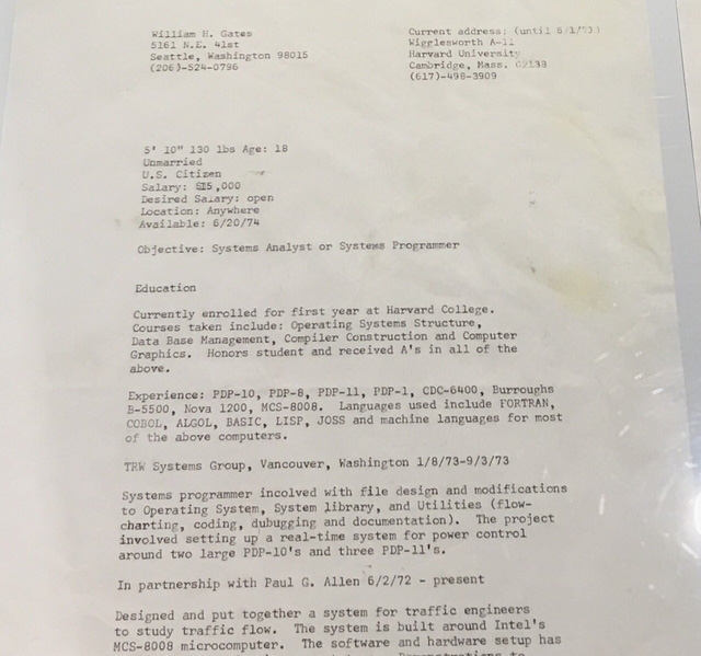 Bản CV của Bill Gates vào năm 1974, khi ông mới tròn 18 tuổi