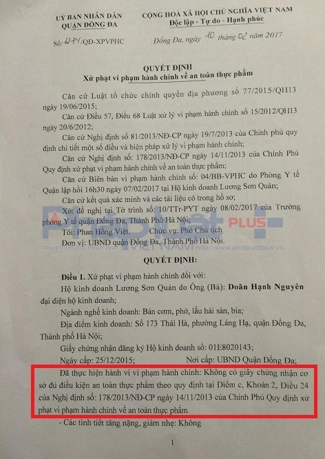 Không đảm bảo an toàn vệ sinh thực phẩm, Nhà hàng Lương Sơn Quán bị đình chỉ hoạt động