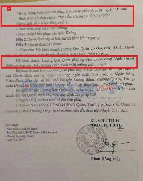 Quyết định xử phạt do UBND quận Đống Đa ban hành nhưng nhà hàng Lương Sơn Quán có địa chỉ tại 173 Thái Hà, phường Láng Hạ, quận Đống Đa (Hà Nội) vẫn vi phạm 