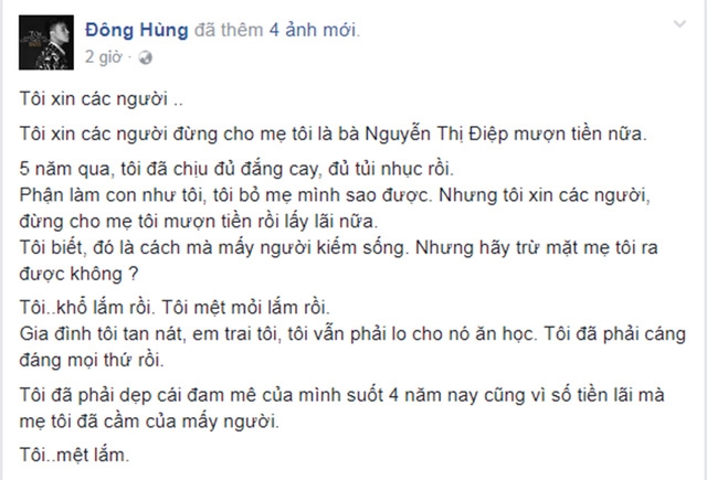 Lời khẩn nài của Đông Hùng trên trang cá nhân.