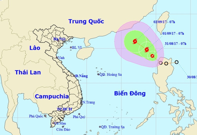  Vị trí và đường đi dự báo của áp thấp nhiệt đới trên Biển Đông. 