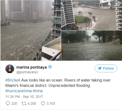 Phóng viên Marina Portnaya đăng các bức ảnh chụp khu vực Brickell ngập trong biển nước với dòng chú thích: Brickbell giống như đại dương. Nước chảy thành sông vào quận tài chính của Miami. Ngập lụt chưa từng thấy. (Ảnh: Marina Portnay/Twitter)