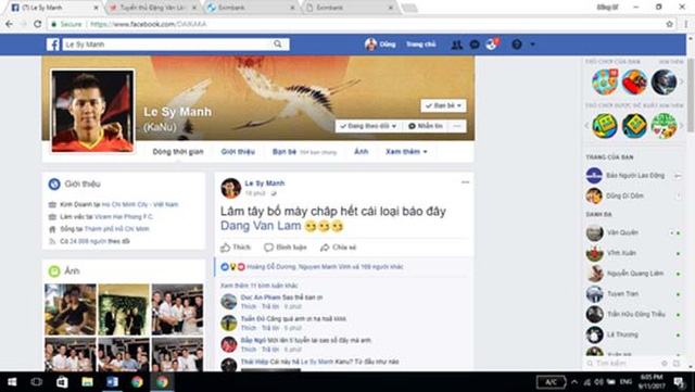 HLV phó Lê Sỹ Mạnh chia sẻ trên facebook cá nhân vụ việc liên quan đến Văn Lâm