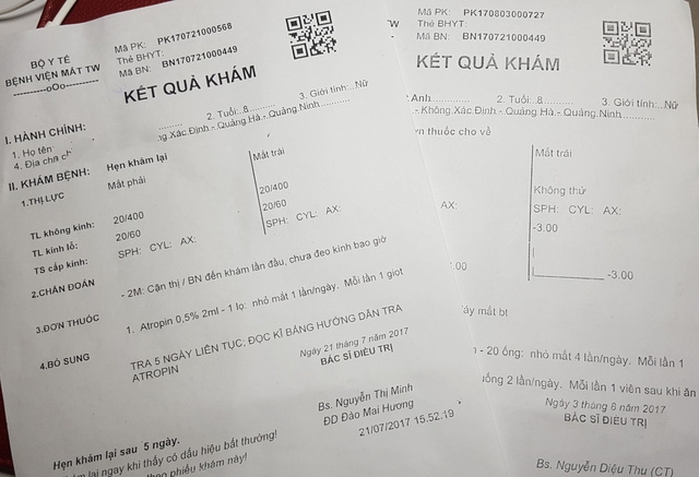 BS Minh cho biết để đưa ra chẩn đoán và dùng thuốc liệt điều tiết, bệnh nhân đã được khám đúng quy trình BV quy định khi khám một bệnh nhi cận thị. Ảnh: H.Hải