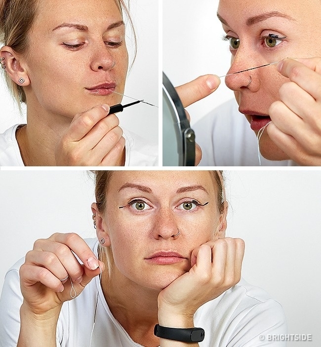 Nhiều người dùng sợi chỉ nha khoa bôi một chút mascara dính lên mắt để thay eyeliner nhưng