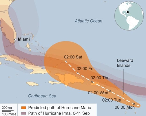 Đường đi của bão Irma và hướng di chuyển dự kiến của bão Maria. Đồ họa: BBC.