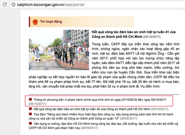 Thông tin về xe vi phạm hành chính tại Tp Hồ Chí Minh đăng tải trên trang web vào ngày 6/10/2017 vừa qua